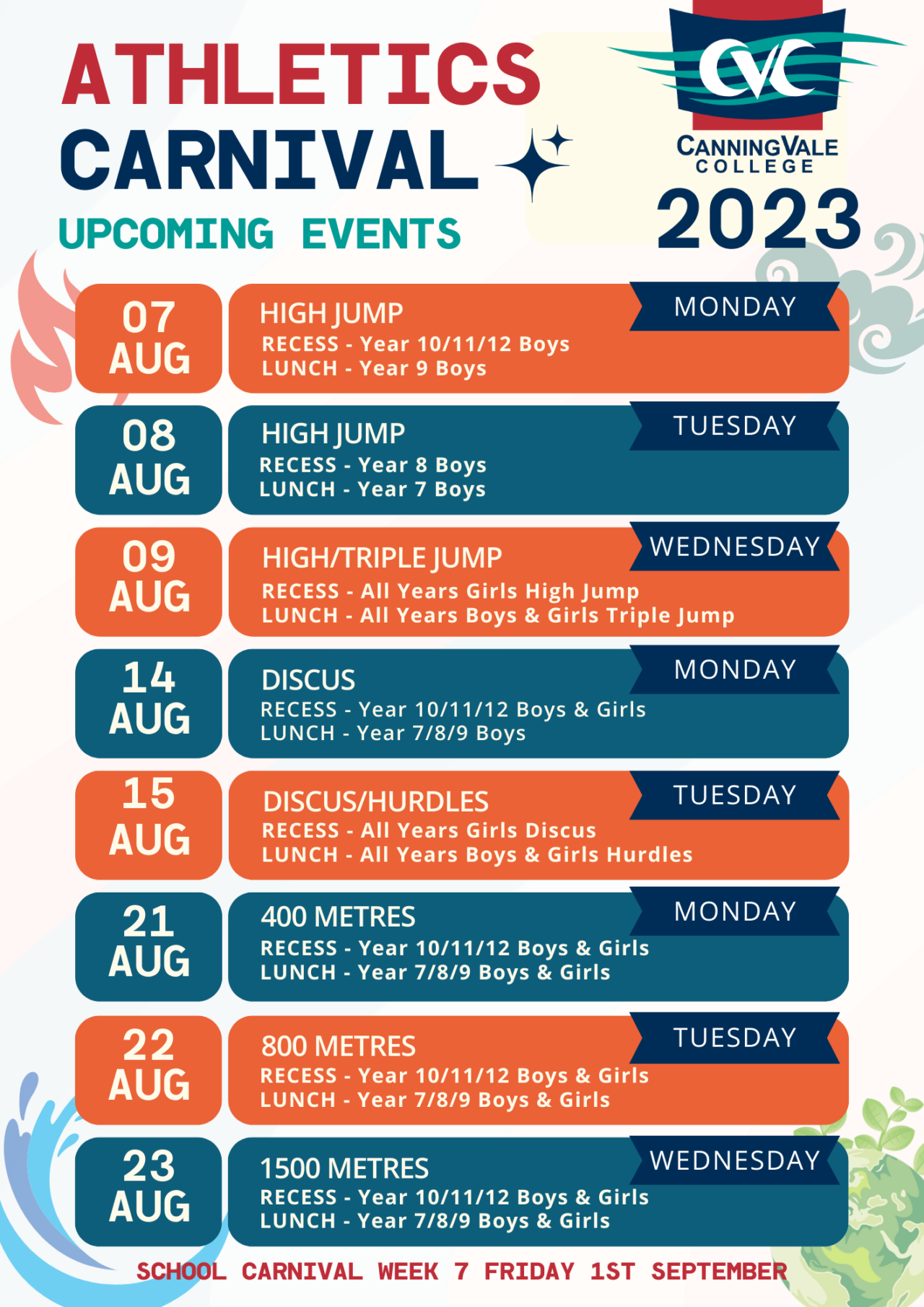 2023 Athletics Carnival Upcoming Events | Canning Vale College